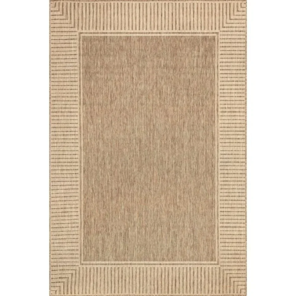 5x8Inch Outdoor Area Rug, Striped Border, Stain Resistant, Durable, Light Brown